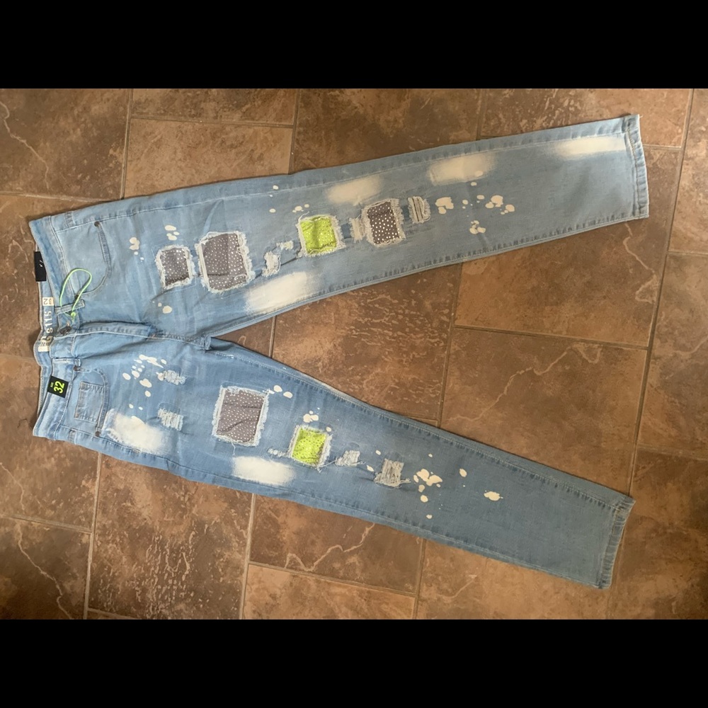 Mens Waimea blue Jeans with Rhinestones and Taping